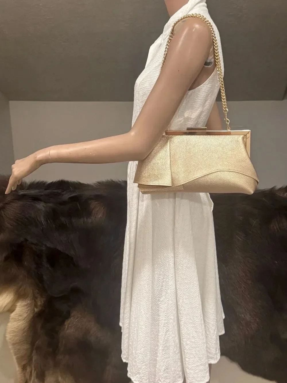 Gold Pebble Leather Handmade Asymmetrical Ruffles Push Lock Frame Bag
